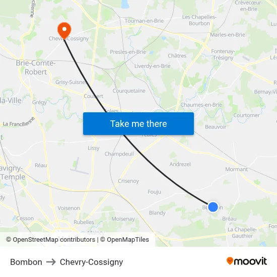 Bombon to Chevry-Cossigny map