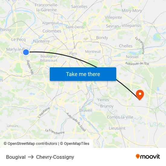Bougival to Chevry-Cossigny map