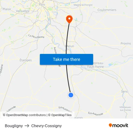 Bougligny to Chevry-Cossigny map