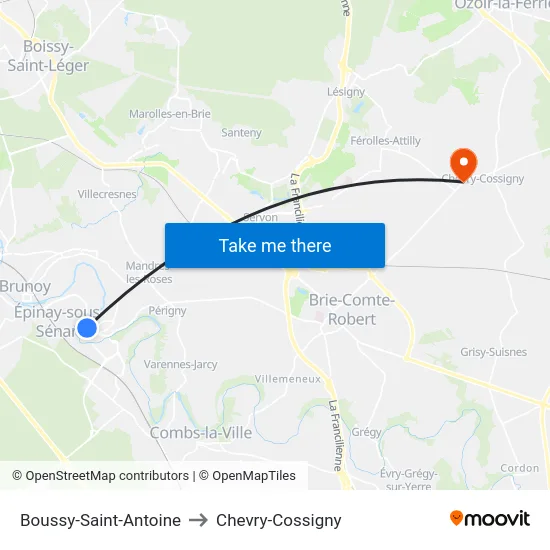 Boussy-Saint-Antoine to Chevry-Cossigny map