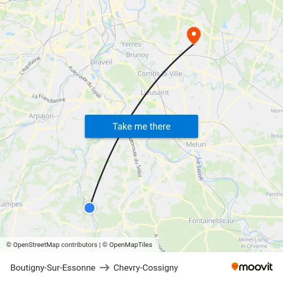 Boutigny-Sur-Essonne to Chevry-Cossigny map