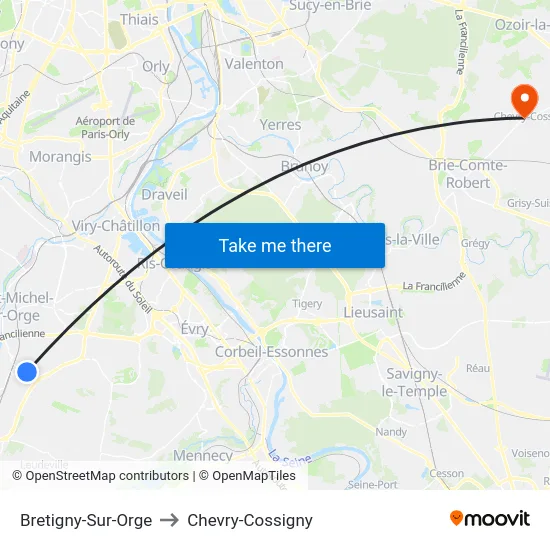 Bretigny-Sur-Orge to Chevry-Cossigny map