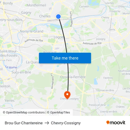 Brou-Sur-Chantereine to Chevry-Cossigny map