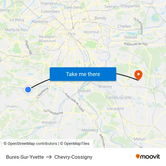 Bures-Sur-Yvette to Chevry-Cossigny map