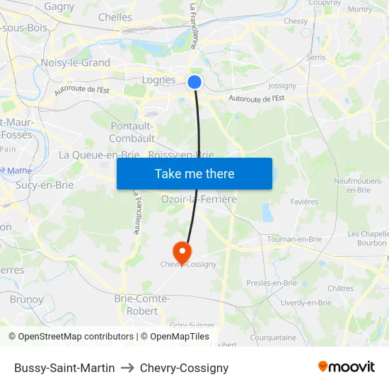 Bussy-Saint-Martin to Chevry-Cossigny map