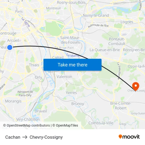 Cachan to Chevry-Cossigny map
