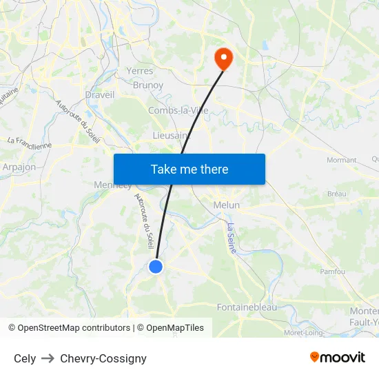 Cely to Chevry-Cossigny map