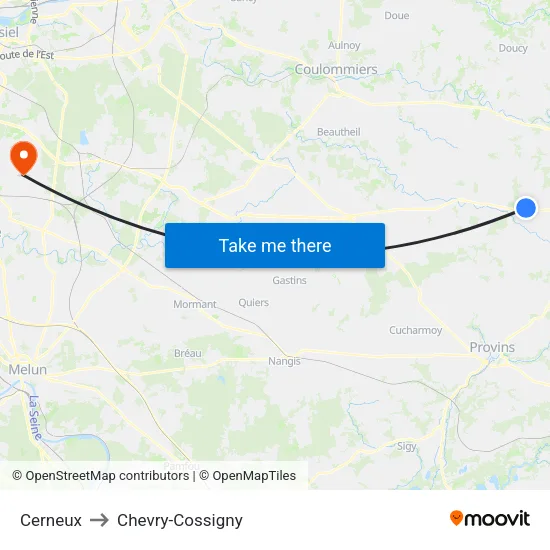Cerneux to Chevry-Cossigny map