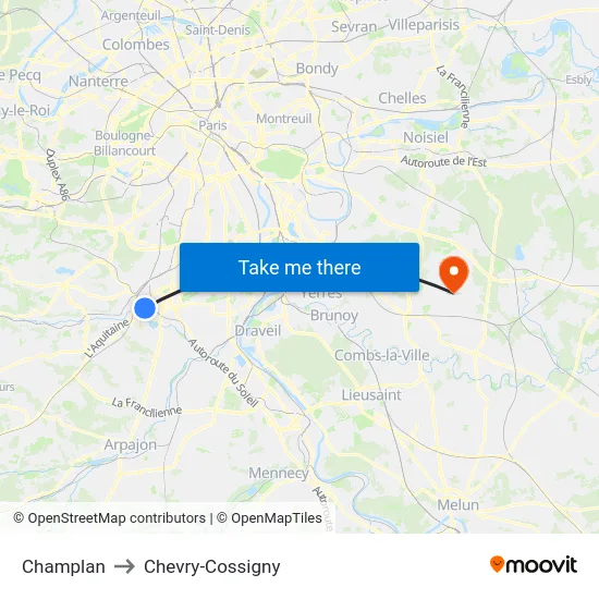 Champlan to Chevry-Cossigny map