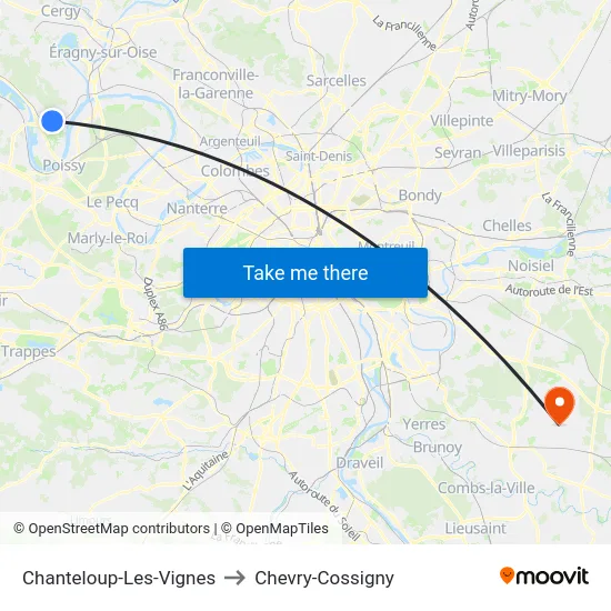 Chanteloup-Les-Vignes to Chevry-Cossigny map