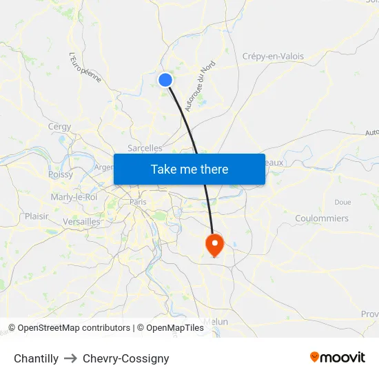 Chantilly to Chevry-Cossigny map