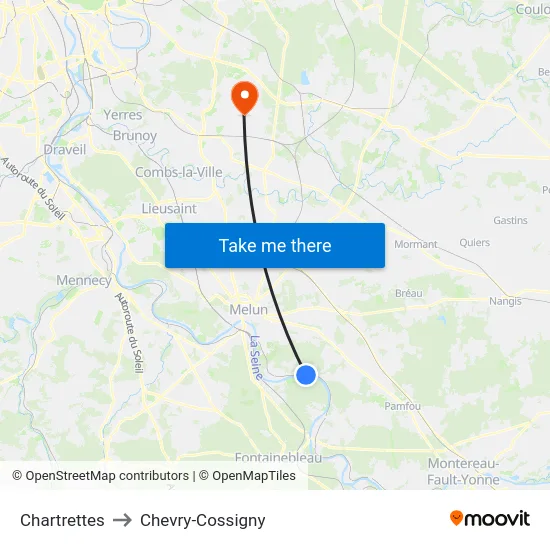Chartrettes to Chevry-Cossigny map