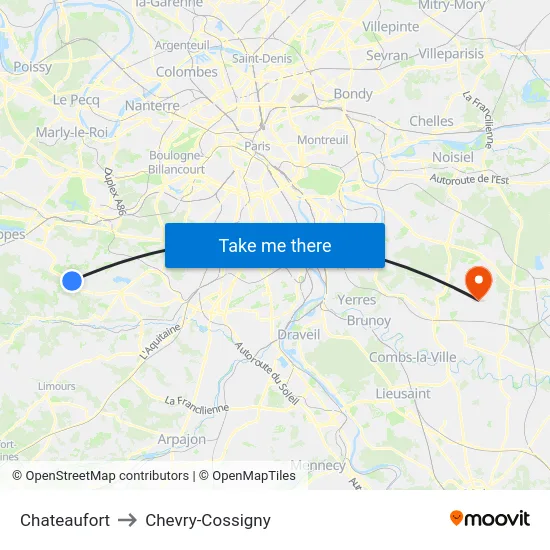 Chateaufort to Chevry-Cossigny map