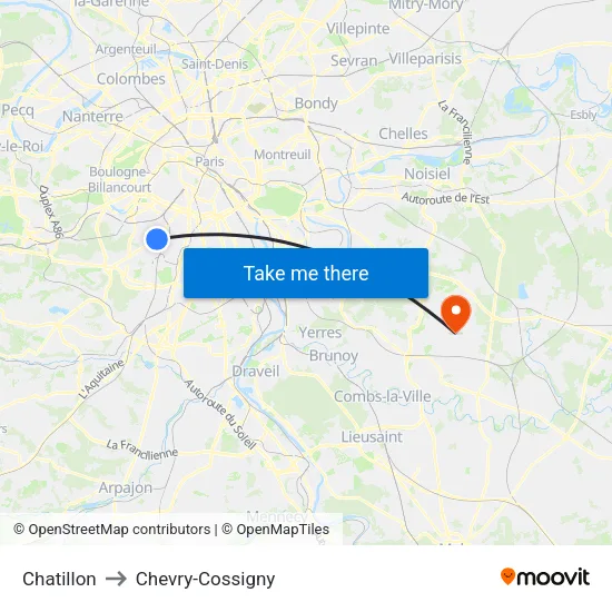 Chatillon to Chevry-Cossigny map