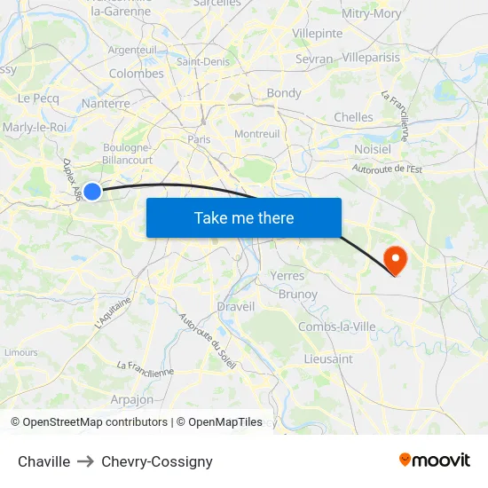 Chaville to Chevry-Cossigny map