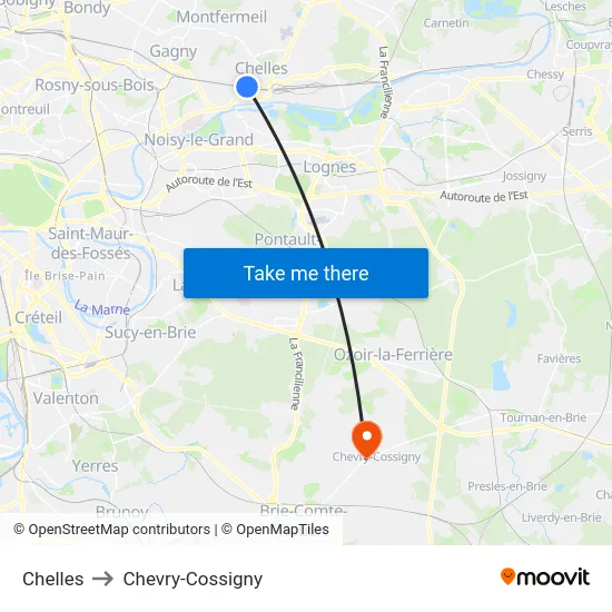 Chelles to Chevry-Cossigny map