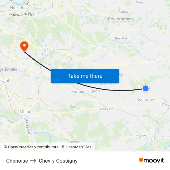 Chenoise to Chevry-Cossigny map