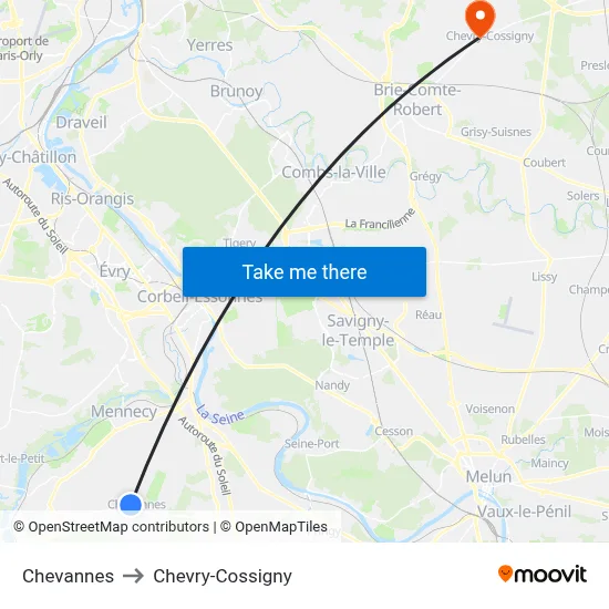 Chevannes to Chevry-Cossigny map