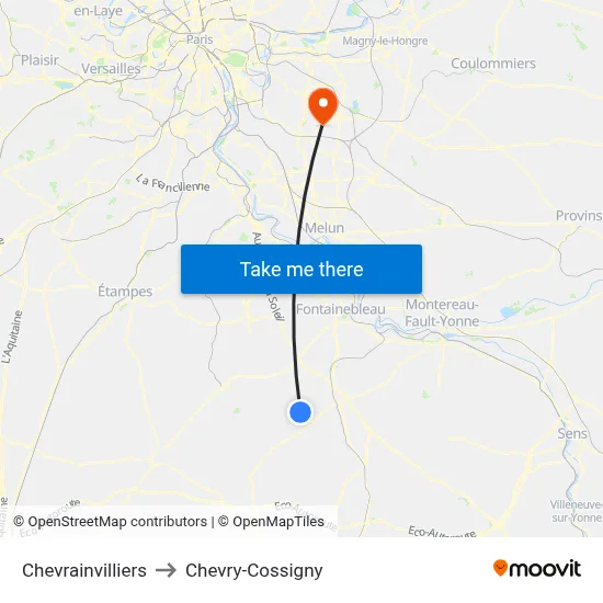 Chevrainvilliers to Chevry-Cossigny map