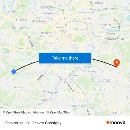 Chevreuse to Chevry-Cossigny map