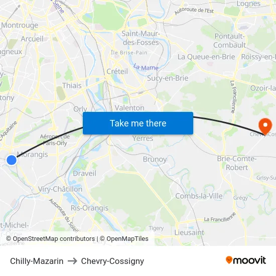 Chilly-Mazarin to Chevry-Cossigny map