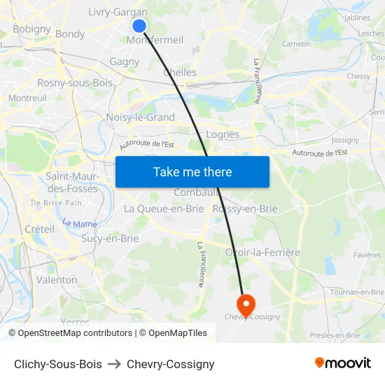 Clichy-Sous-Bois to Chevry-Cossigny map
