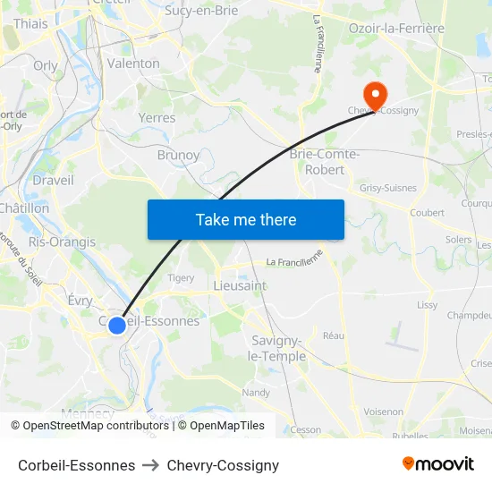 Corbeil-Essonnes to Chevry-Cossigny map