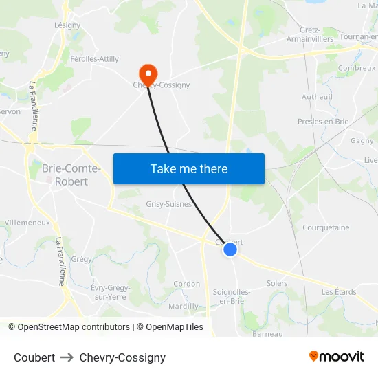 Coubert to Chevry-Cossigny map