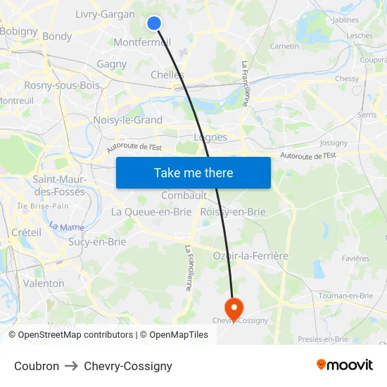 Coubron to Chevry-Cossigny map