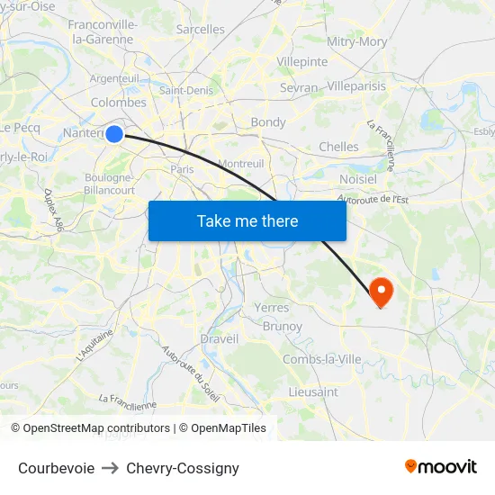 Courbevoie to Chevry-Cossigny map