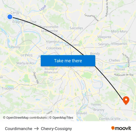 Courdimanche to Chevry-Cossigny map