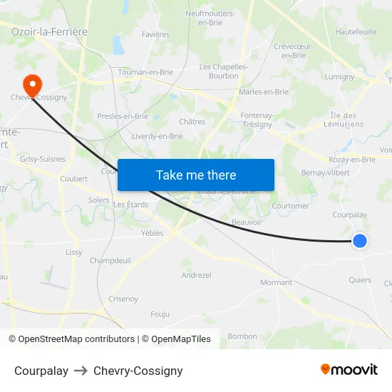 Courpalay to Chevry-Cossigny map