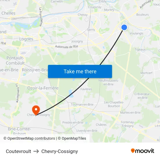 Coutevroult to Chevry-Cossigny map