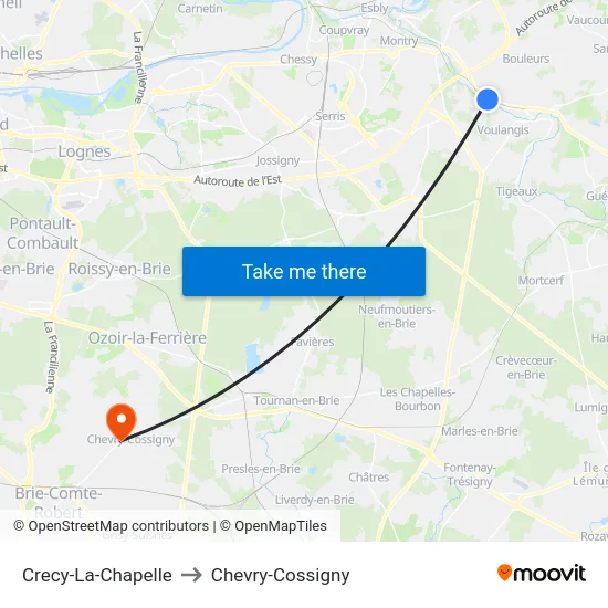 Crecy-La-Chapelle to Chevry-Cossigny map