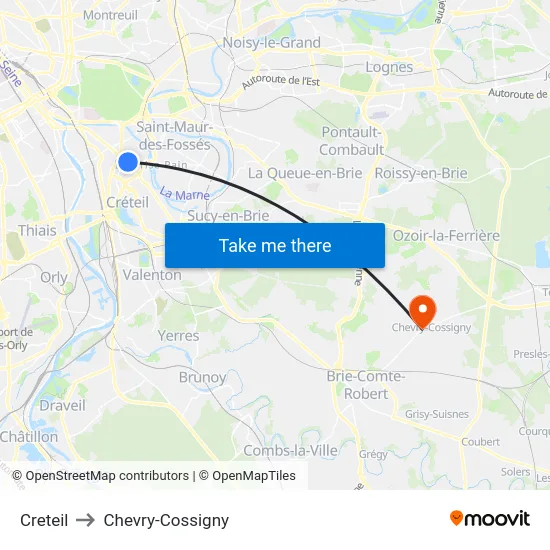Creteil to Chevry-Cossigny map