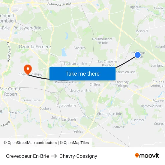 Crevecoeur-En-Brie to Chevry-Cossigny map