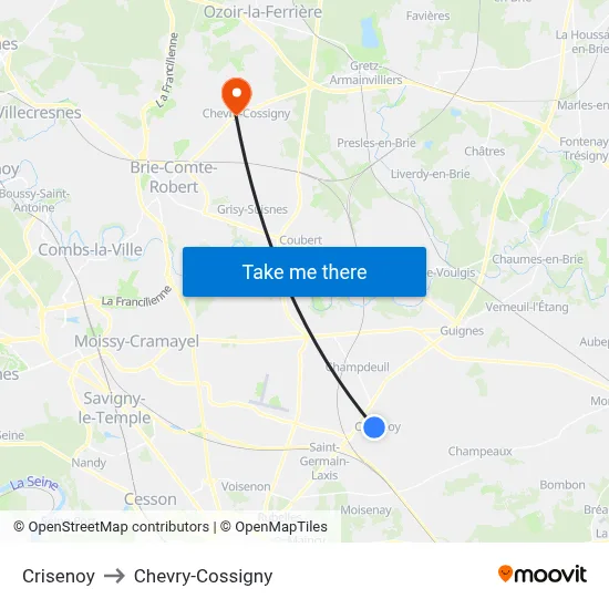 Crisenoy to Chevry-Cossigny map