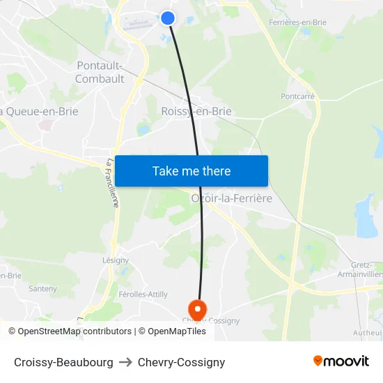 Croissy-Beaubourg to Chevry-Cossigny map