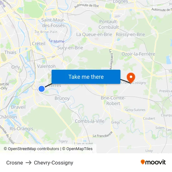 Crosne to Chevry-Cossigny map
