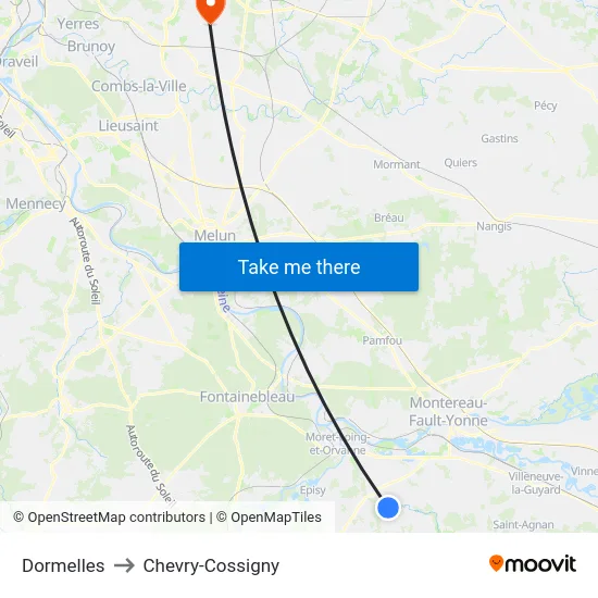 Dormelles to Chevry-Cossigny map