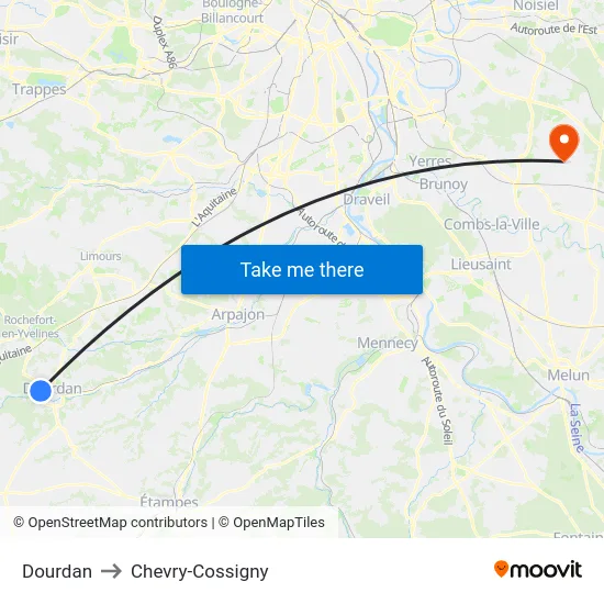 Dourdan to Chevry-Cossigny map