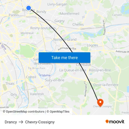 Drancy to Chevry-Cossigny map
