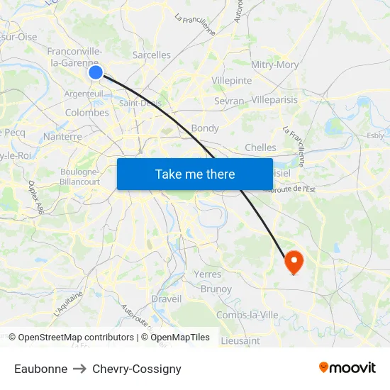Eaubonne to Chevry-Cossigny map