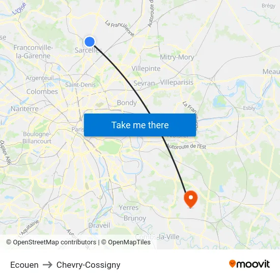 Ecouen to Chevry-Cossigny map