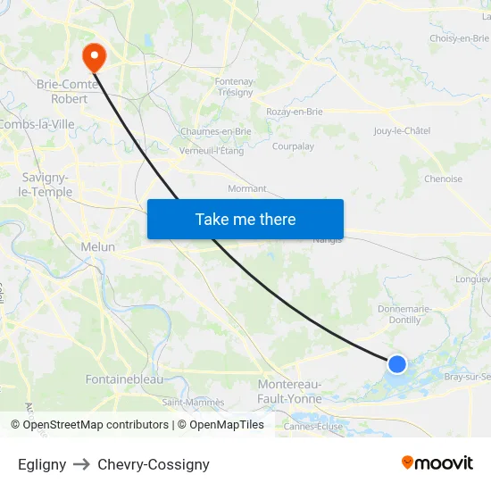 Egligny to Chevry-Cossigny map