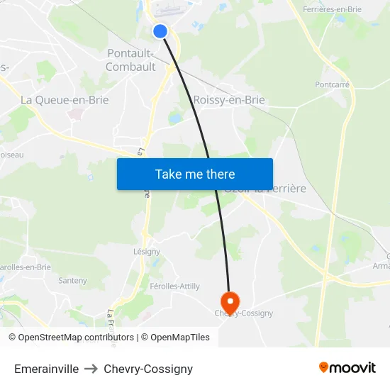 Emerainville to Chevry-Cossigny map