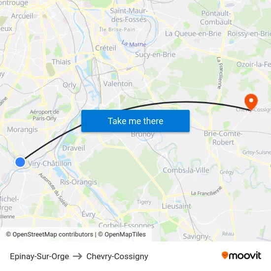 Epinay-Sur-Orge to Chevry-Cossigny map