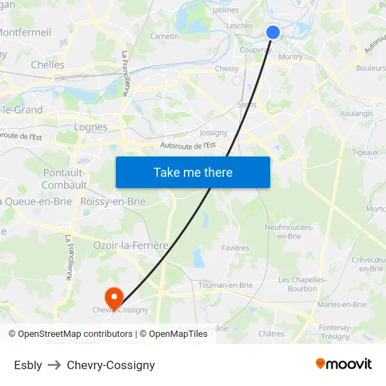 Esbly to Chevry-Cossigny map