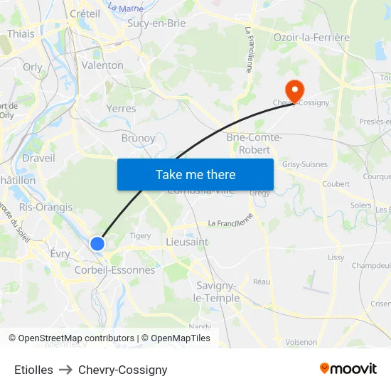 Etiolles to Chevry-Cossigny map