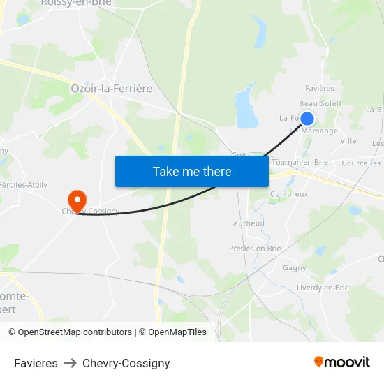 Favieres to Chevry-Cossigny map